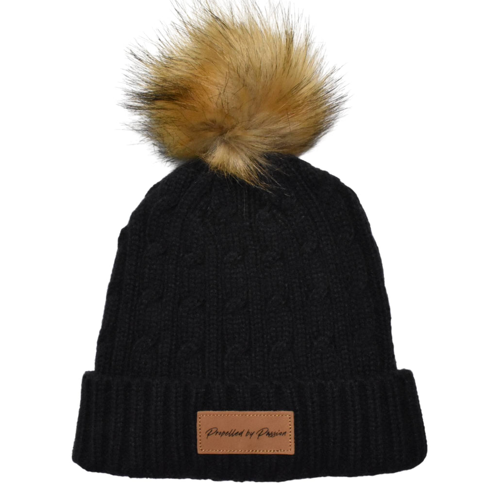 Black Cableknit Faux Fur Pom Hat